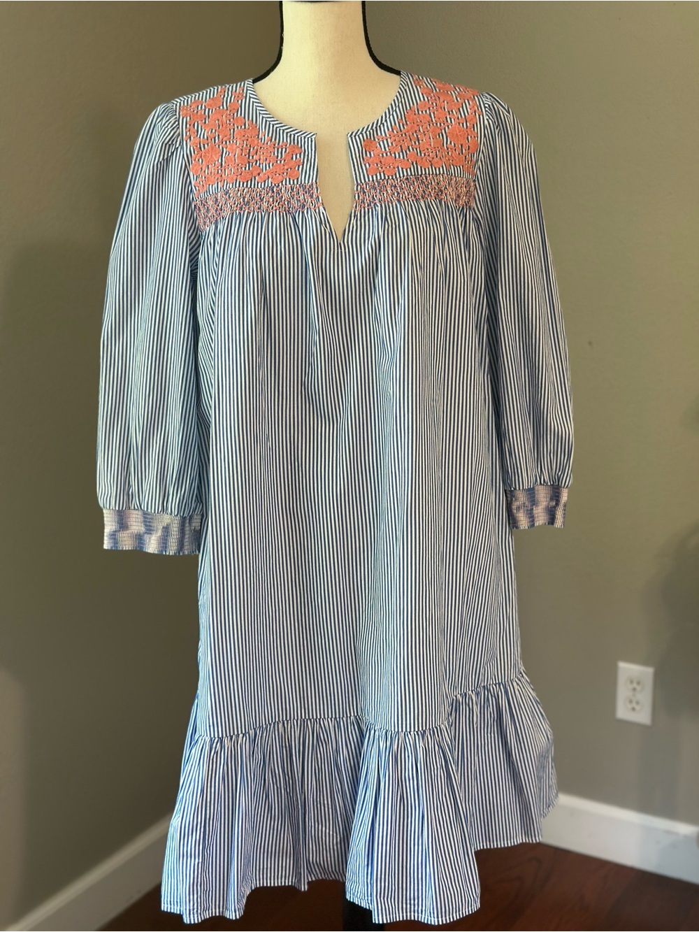 J.Crew Leda Coral Embroidered Ruffle Hem Popover Dress
